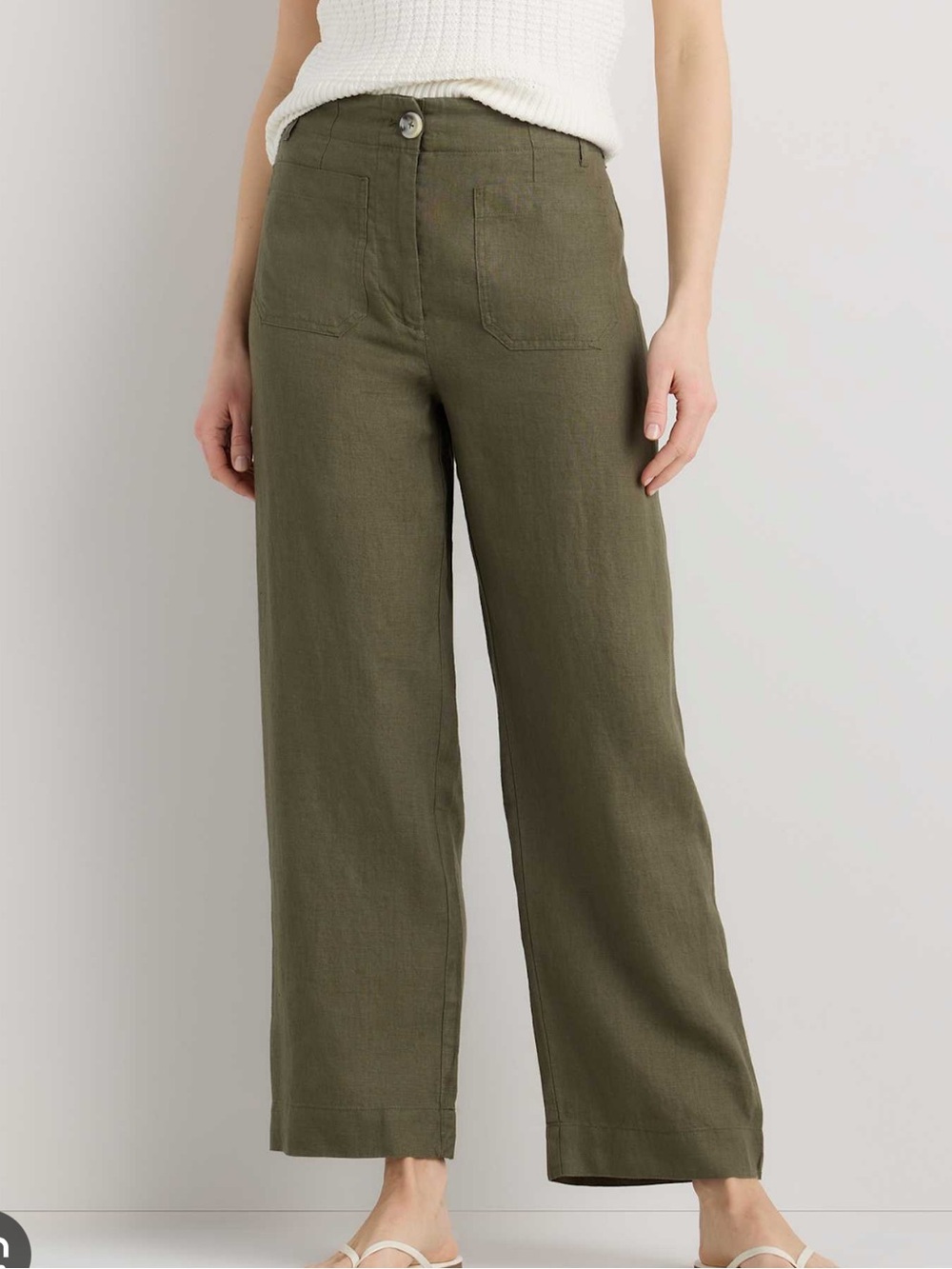 Quince 100% Linen Patch Pocket Wide Leg Pants Bayberry Olive NEW